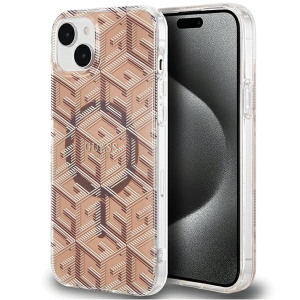 Guess MagSafe dėklas iPhone 15 Plus / 14 Plus – rudas