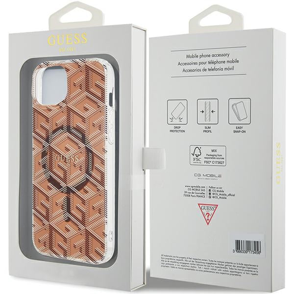 Guess MagSafe dėklas iPhone 15 Plus / 14 Plus – rudas