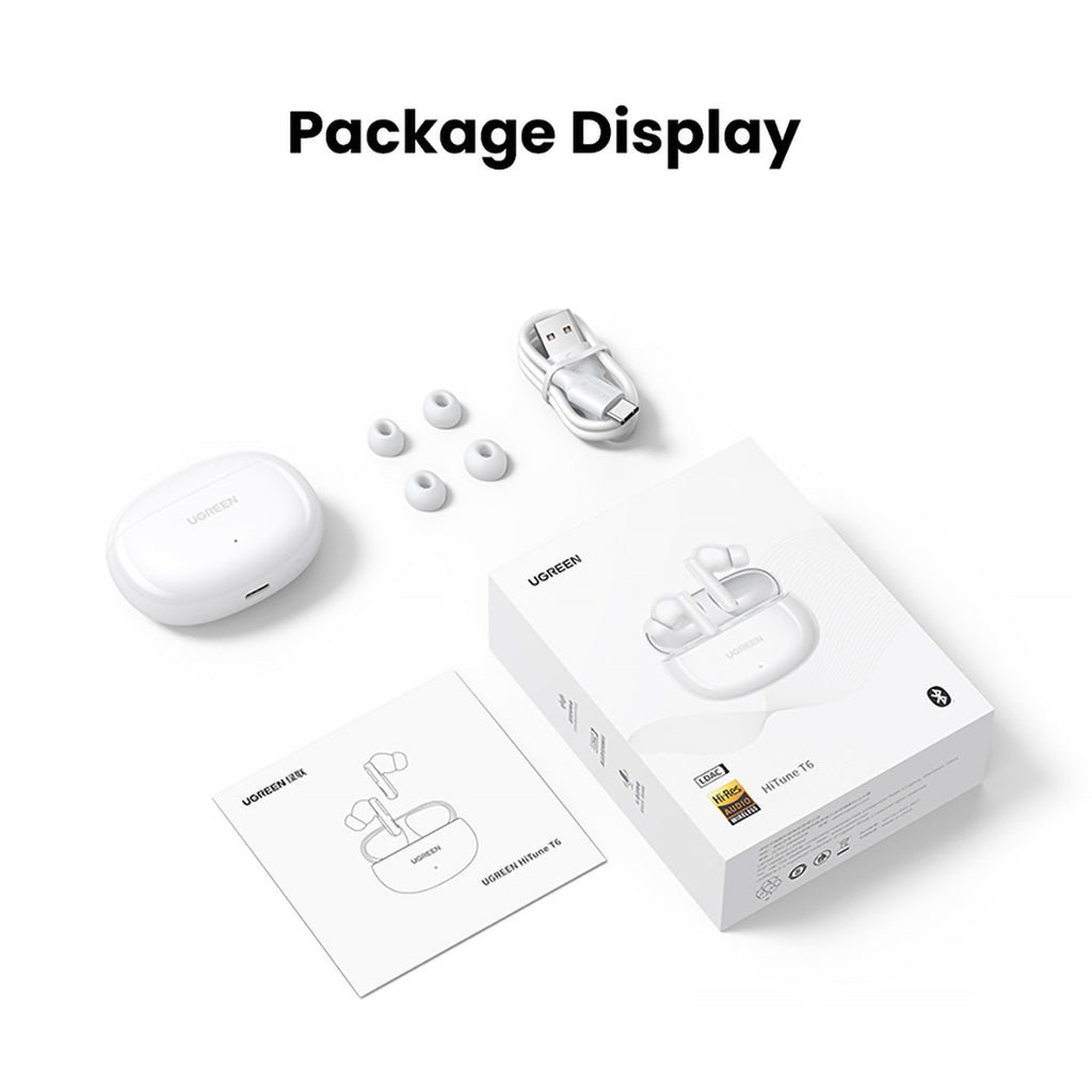 Ugreen HiTune T6 belaidės ausinės su ANC funkcija + USB-A – USB-C laidas – baltos -- Headphones