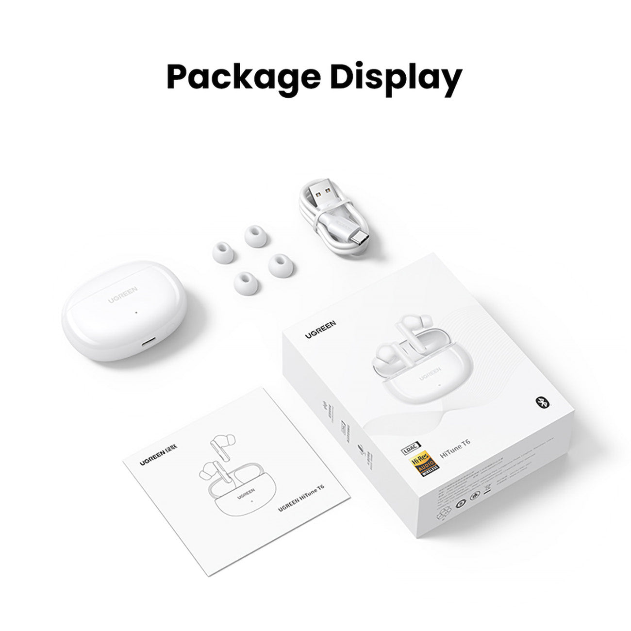 Ugreen HiTune T6 belaidės ausinės su ANC funkcija + USB-A – USB-C laidas – baltos -- Headphones