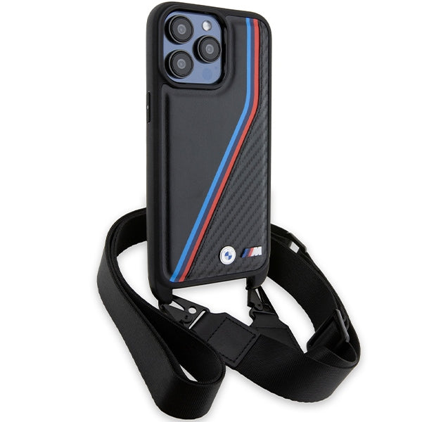 BMW M dėklas iPhone 15 Pro Max – juodas su dirželiu