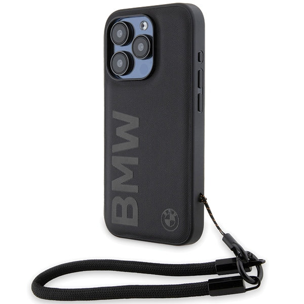 BMW odinis dėklas iPhone 15 Pro Max – juodas, su virvute
