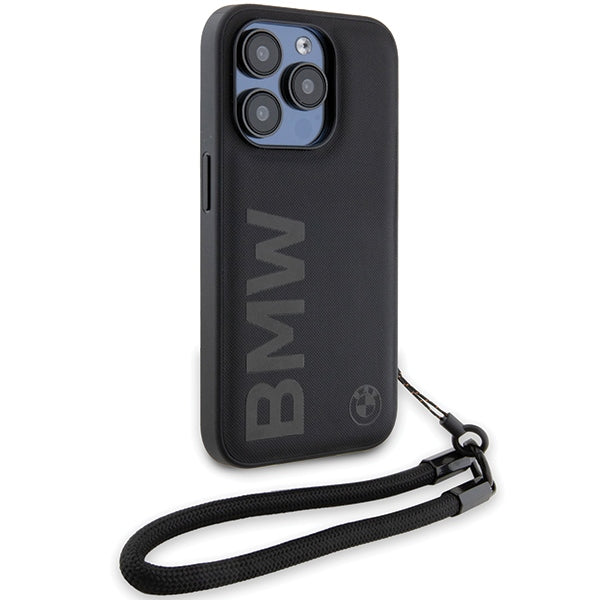 BMW odinis dėklas iPhone 15 Pro Max – juodas, su virvute