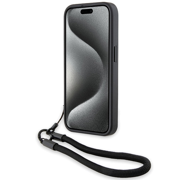 BMW odinis dėklas iPhone 15 Pro Max – juodas, su virvute