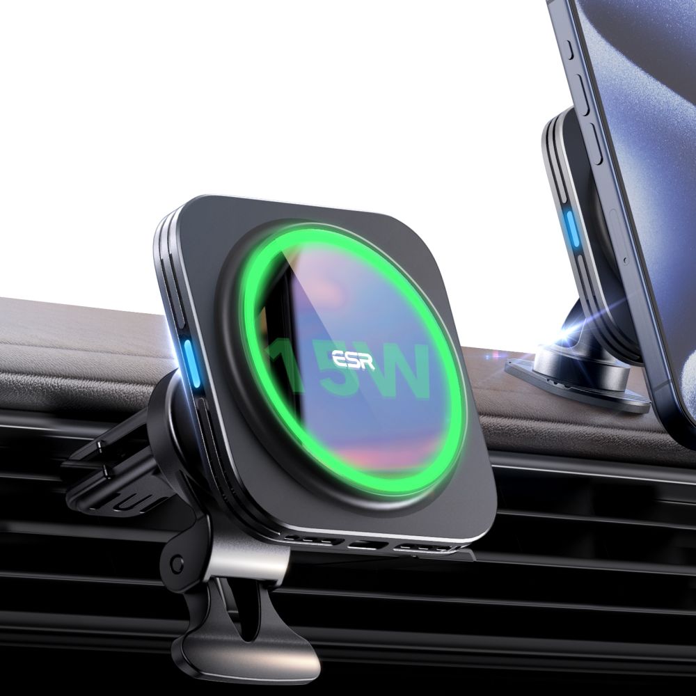 ESR Halolock magnetinis Qi2 automobilinis laikiklis su MagSafe 15W indukciniu įkrovikliu oro angoms, juodas -- Cell phone...