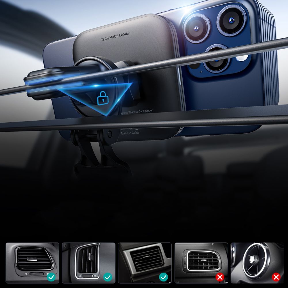 ESR Halolock magnetinis Qi2 automobilinis laikiklis su MagSafe 15W indukciniu įkrovikliu oro angoms, juodas -- Cell phone...