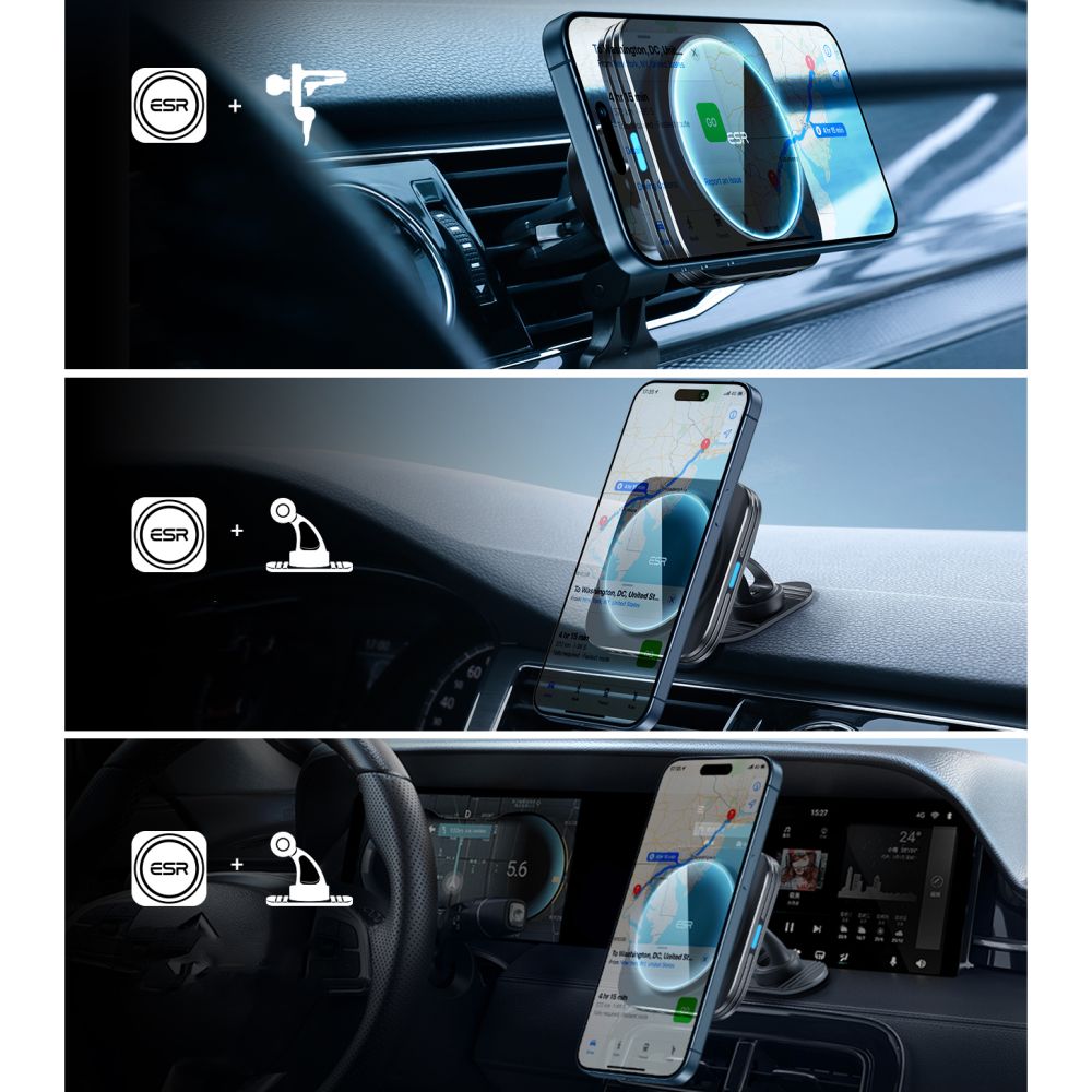 ESR Halolock magnetinis Qi2 automobilinis laikiklis su MagSafe 15W indukciniu įkrovikliu oro angoms, juodas -- Cell phone...