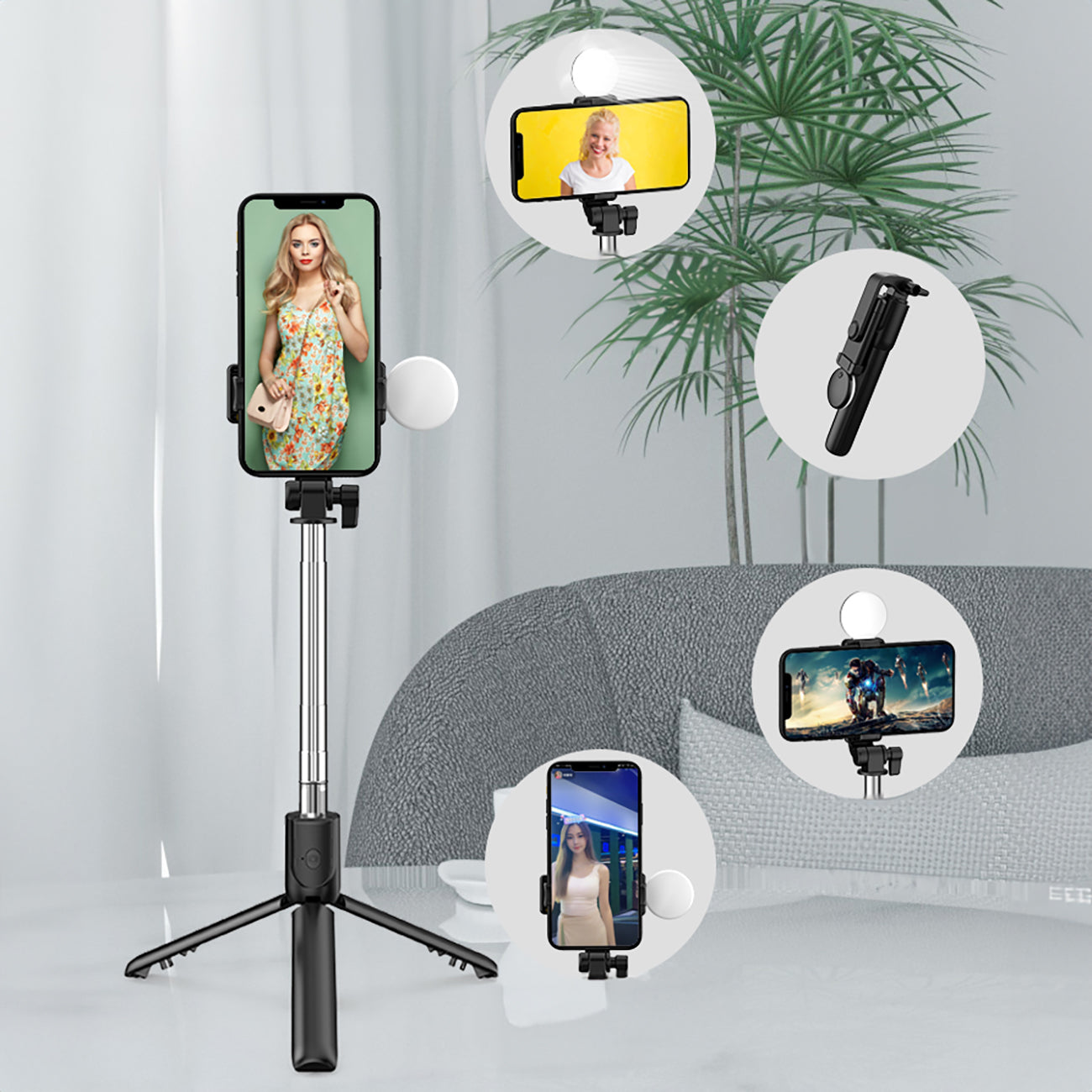 Asmenukių lazda WR1YXS teleskopinis trikojis 0,71m su apvalia lempa - juoda -- Selfie Sticks & Tripods