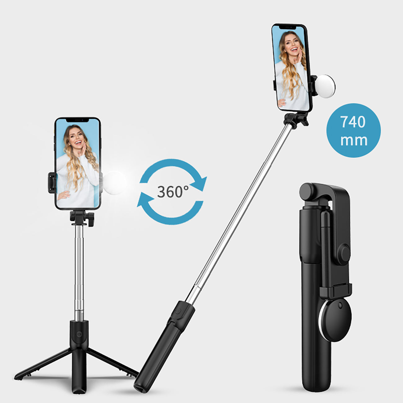Asmenukių lazda WR1YXS teleskopinis trikojis 0,71m su apvalia lempa - juoda -- Selfie Sticks & Tripods