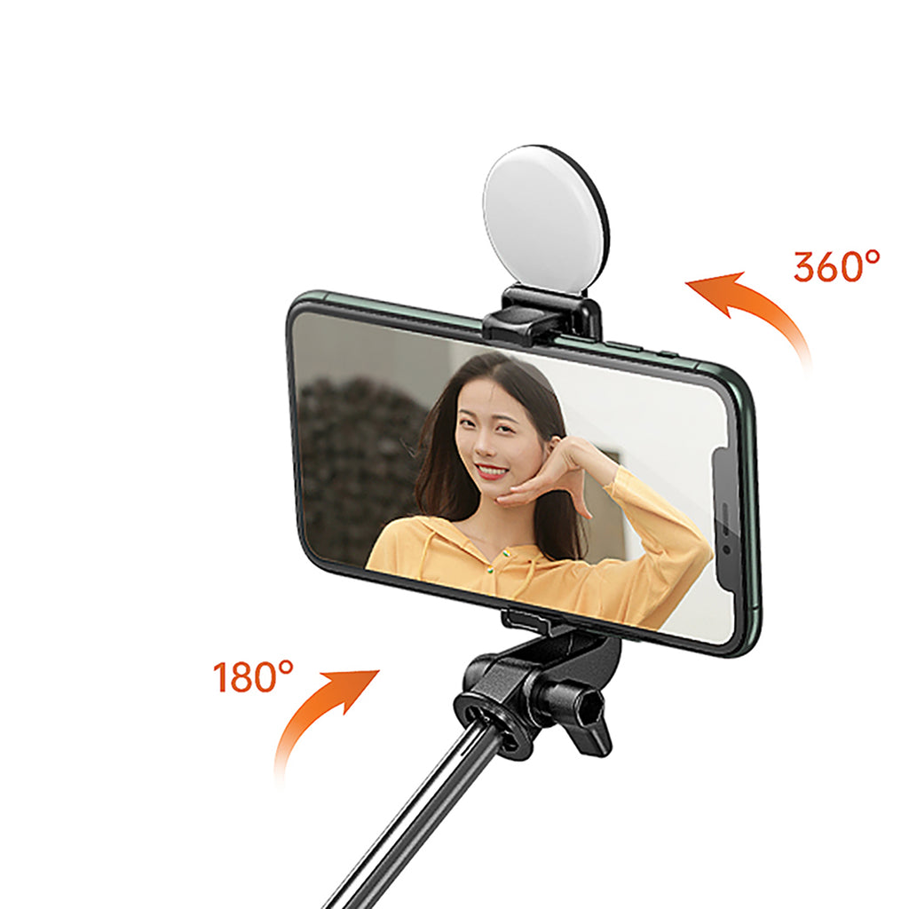 Selfie lazda WH1YXS – teleskopinis trikojis 1 m su apvalia lempa ir telefono laikikliu – juoda -- Selfie Sticks & Tripods