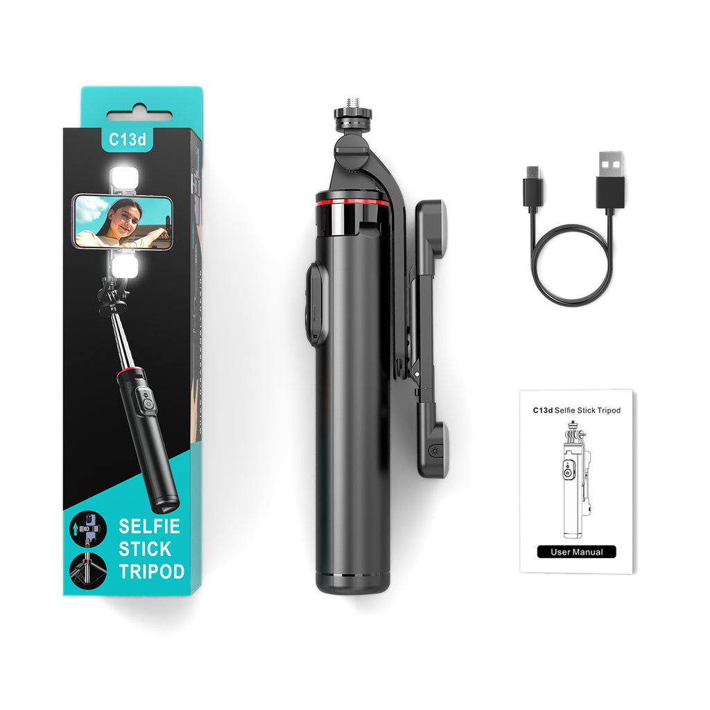 Selfie stick WC13YDS teleskopinis trikojis 1,3 m su dviguba lempa ir telefono laikiklio - juoda -- Selfie Sticks & Tripods