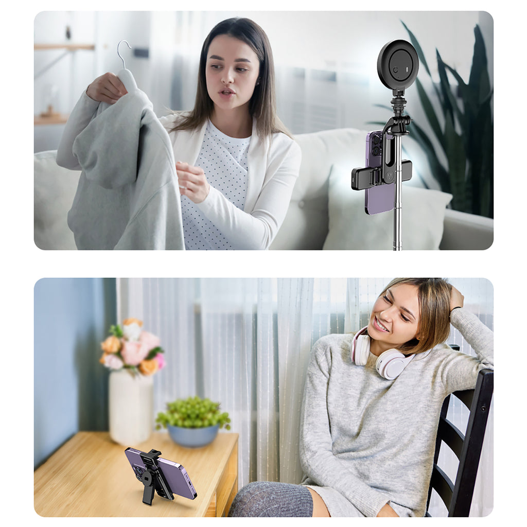 Selfie stick WC13YDS teleskopinis trikojis 1,3 m su dviguba lempa ir telefono laikiklio - juoda -- Selfie Sticks & Tripods