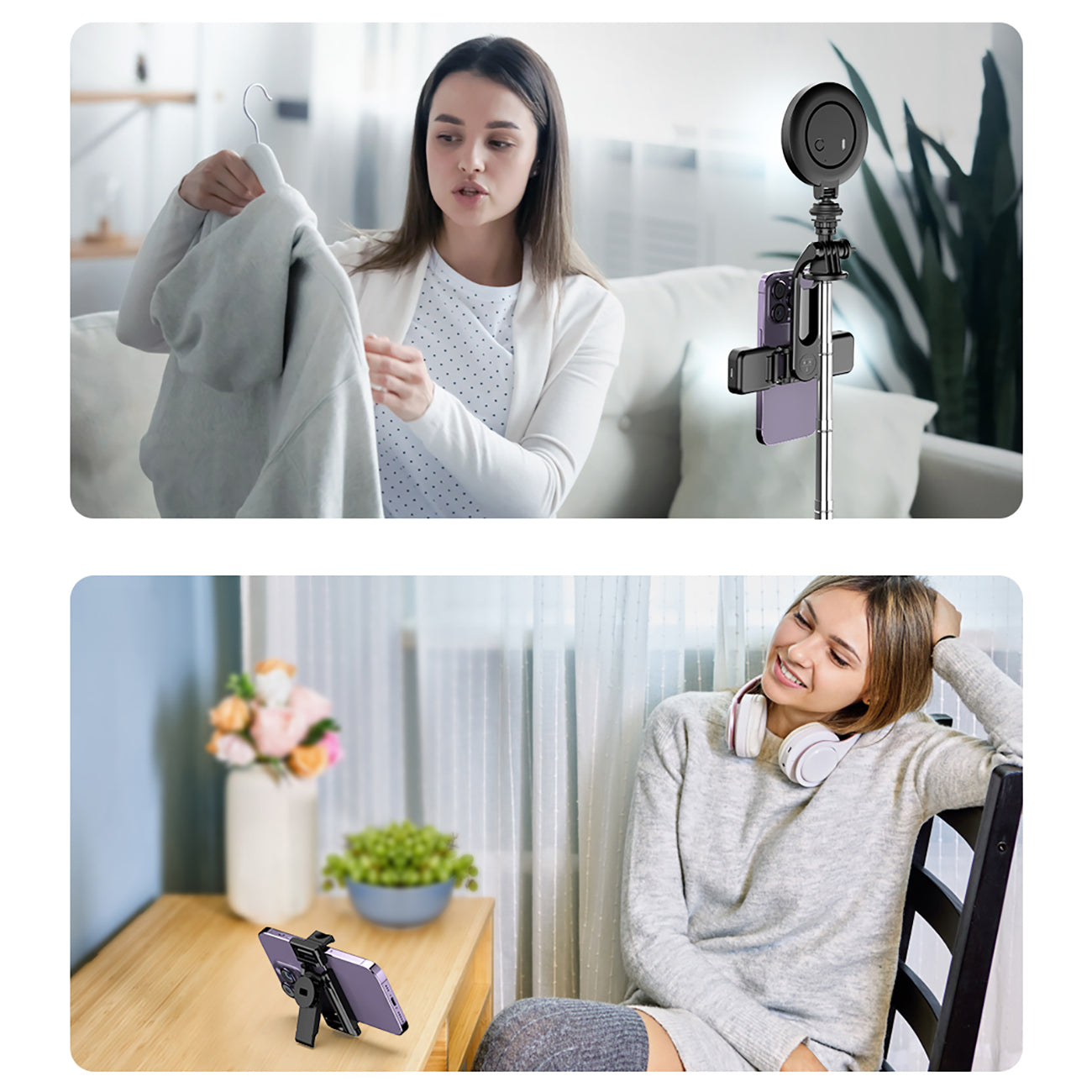 Selfie stick WC13YDS teleskopinis trikojis 1,3 m su dviguba lempa ir telefono laikiklio - juoda -- Selfie Sticks & Tripods