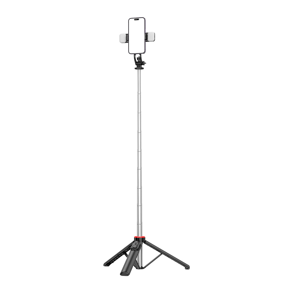 Selfie stick WC13YDS teleskopinis trikojis 1,3 m su dviguba lempa ir telefono laikiklio - juoda -- Selfie Sticks & Tripods