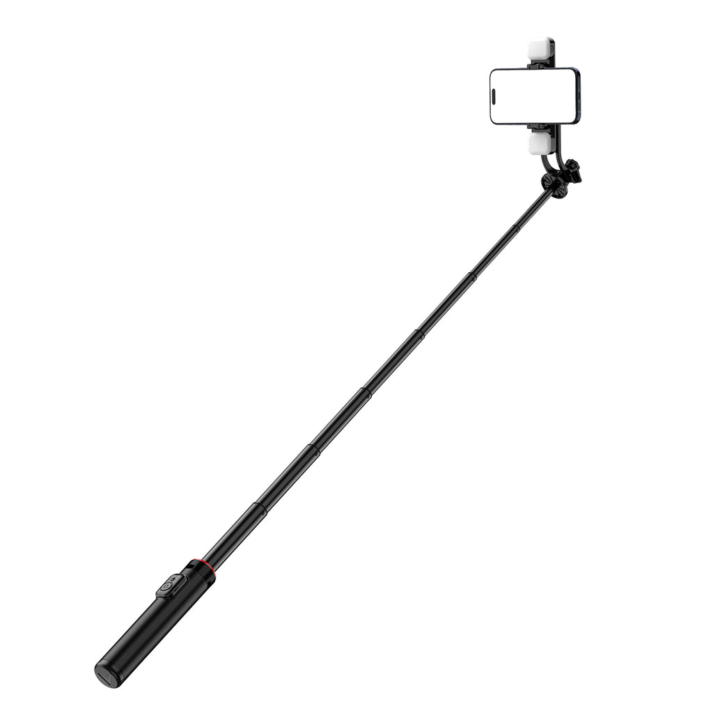 Selfie lazdelė WC12YDS 1,3 m aliuminio lydinio teleskopinis trikojis su dviguba lempa ir telefono laikikiu – juoda --...
