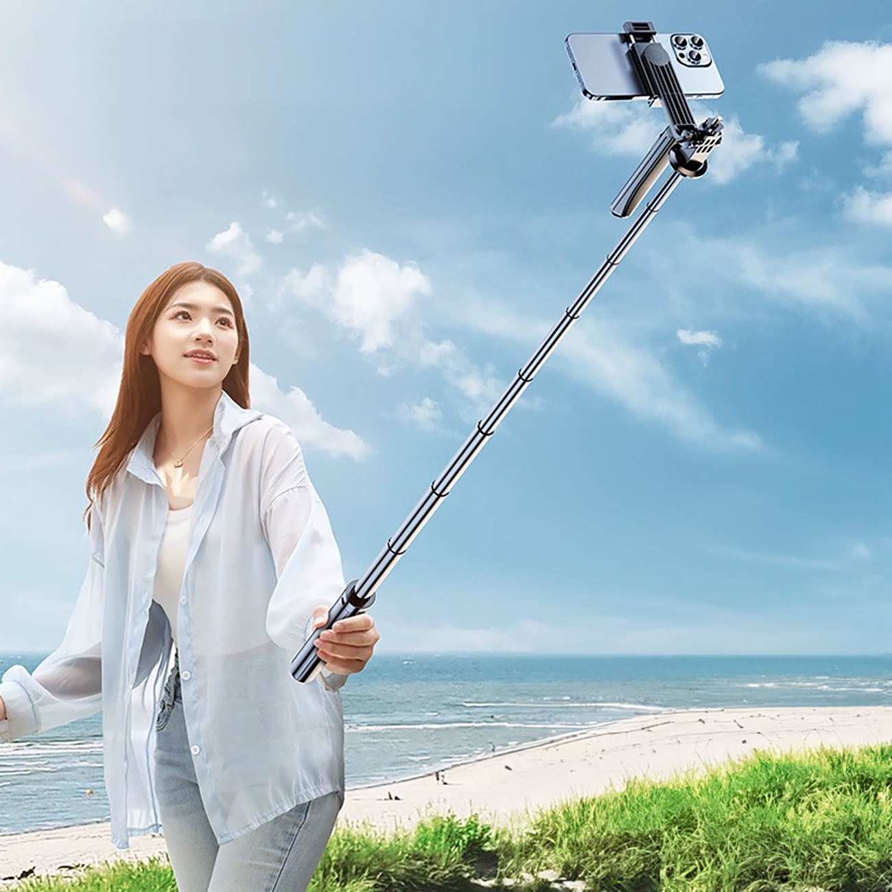 Selfie stick WH181-Y1S 1,75 m aliuminio lydinys teleskopinis trikojis su telefono laikiklio - juoda -- Selfie Sticks &...