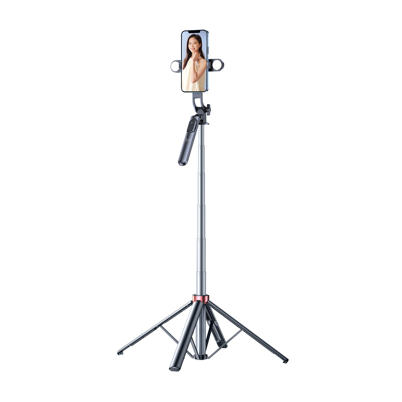 Selfie stick WH181D-Y1S 1,75 m aliuminio lydinys teleskopinis trikojis su dviguba lempa ir telefono laikiklio - juoda --...