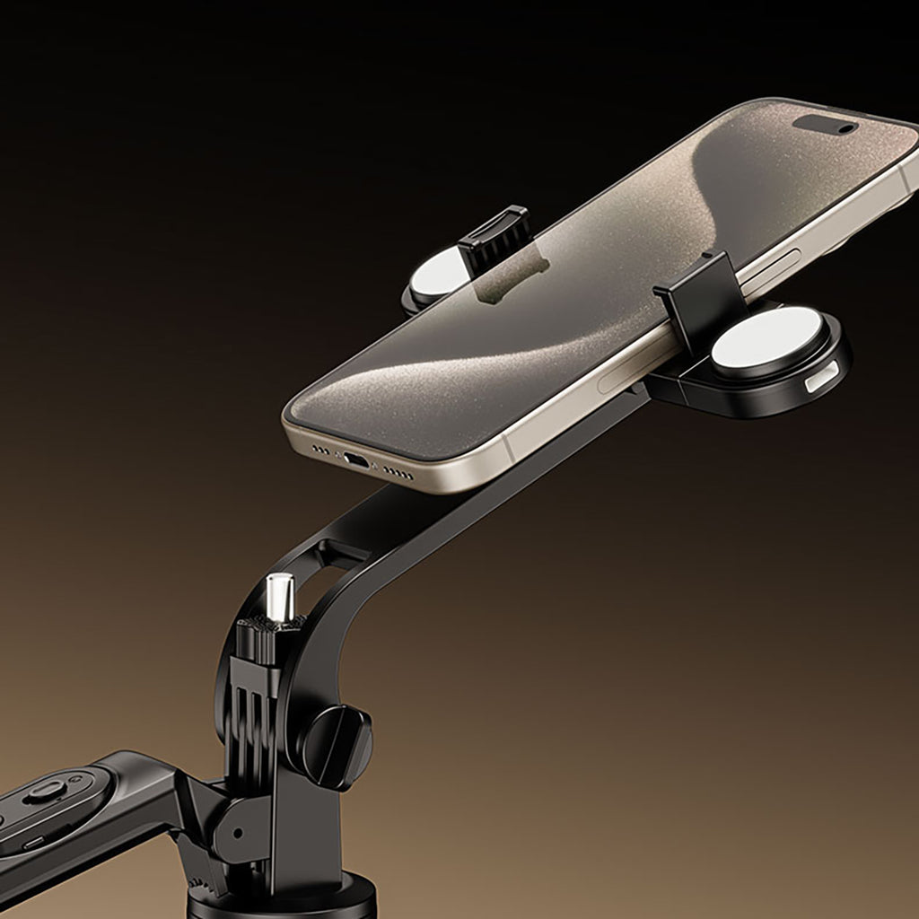 Selfie stick WH181D-Y1S 1,75 m aliuminio lydinys teleskopinis trikojis su dviguba lempa ir telefono laikiklio - juoda --...