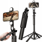 Selfie stick WH181D-Y1S 1,75 m aliuminio lydinys teleskopinis trikojis su dviguba lempa ir telefono laikiklio - juoda --...
