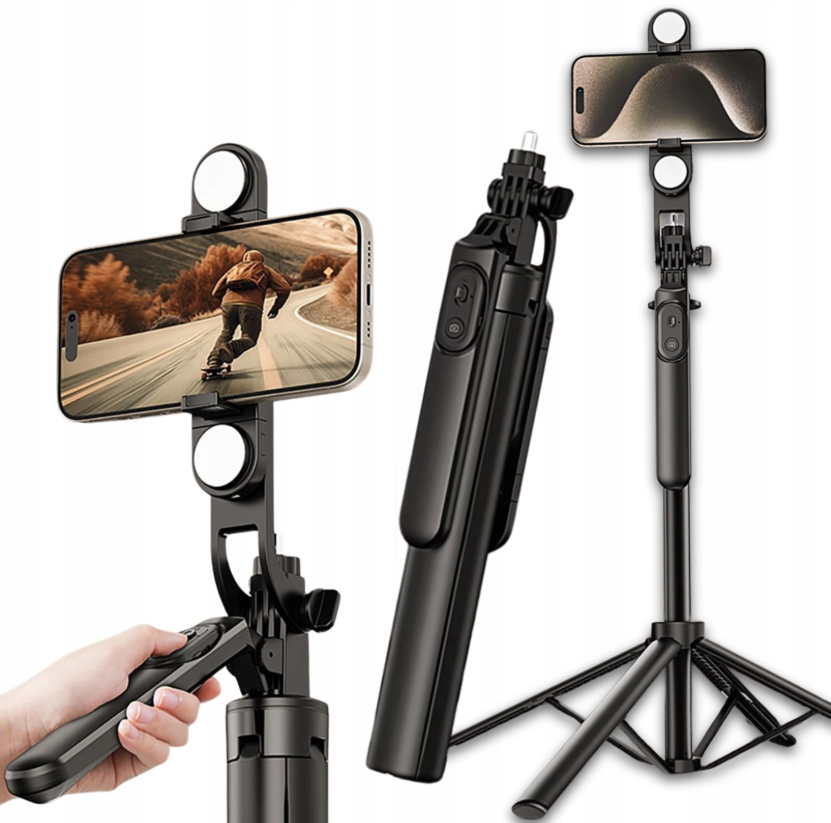 Selfie stick WH181D-Y1S 1,75 m aliuminio lydinys teleskopinis trikojis su dviguba lempa ir telefono laikiklio - juoda --...