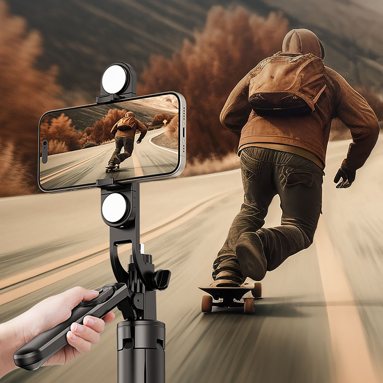 Selfie stick WH181D-Y1S 1,75 m aliuminio lydinys teleskopinis trikojis su dviguba lempa ir telefono laikiklio - juoda --...