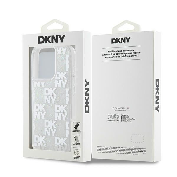 DKNY Liquid Glitter Multilogo dėklas iPhone 15 Pro – baltas