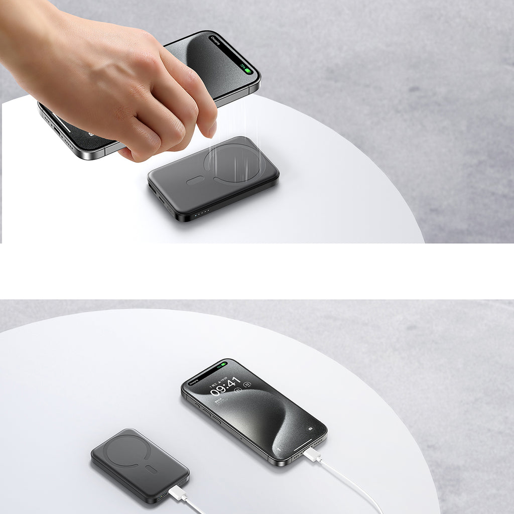 Joyroom Išorinė baterija JR-W020 Mini 5000mAh USB-A USB-C indukcinė 20W - juoda + USB-C / USB-C laidas
