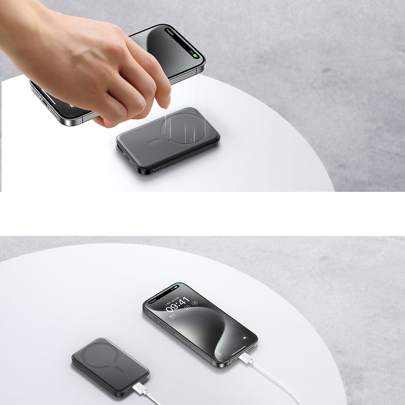 Joyroom Išorinė baterija JR-W020 Mini 5000mAh USB-A USB-C indukcinė 20W - juoda + USB-C / USB-C laidas