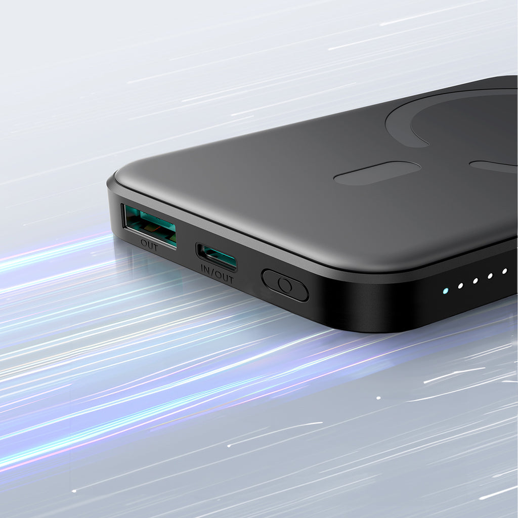 Joyroom Išorinė baterija JR-W020 Mini 5000mAh USB-A USB-C indukcinė 20W - juoda + USB-C / USB-C laidas