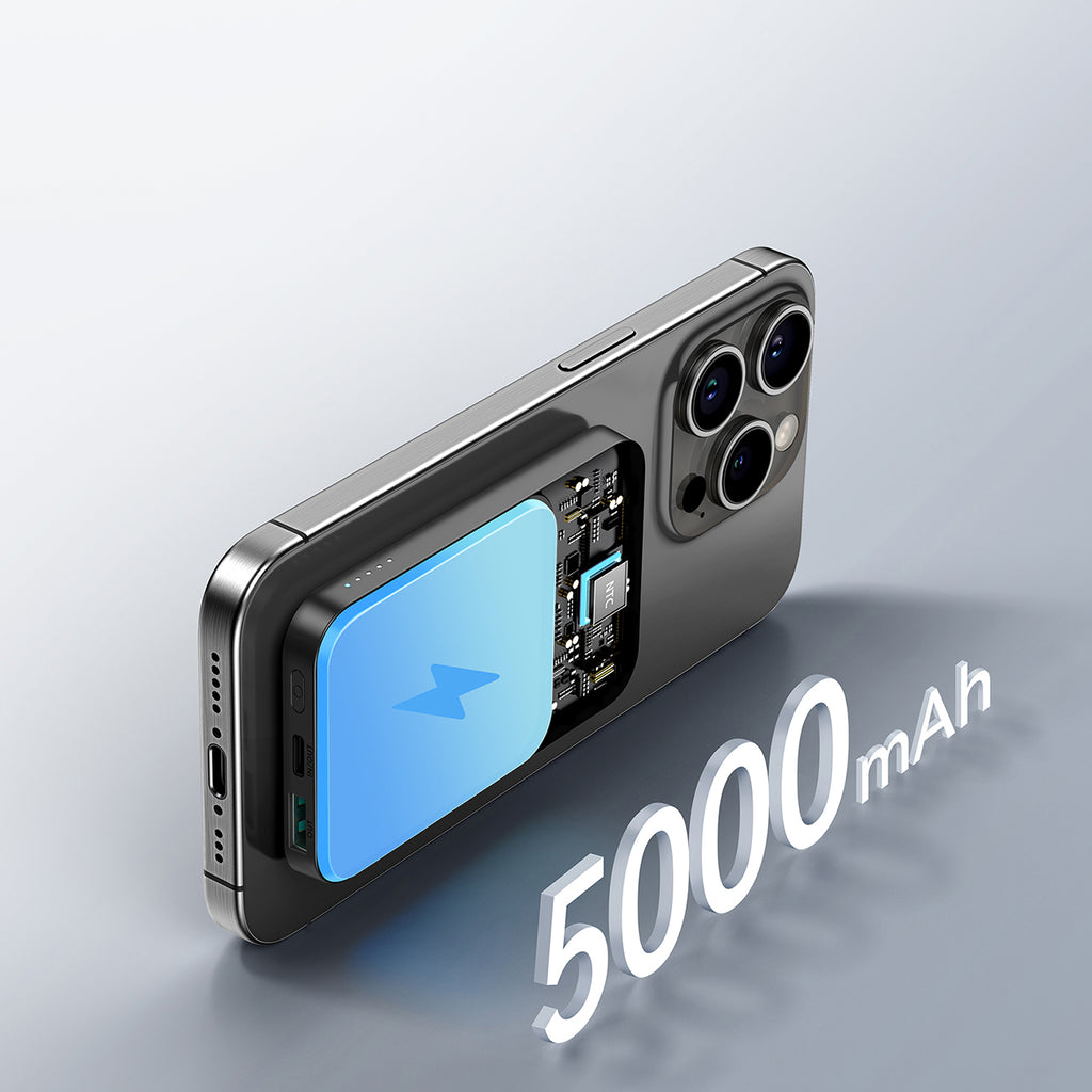 Joyroom Išorinė baterija JR-W020 Mini 5000mAh USB-A USB-C indukcinė 20W - juoda + USB-C / USB-C laidas