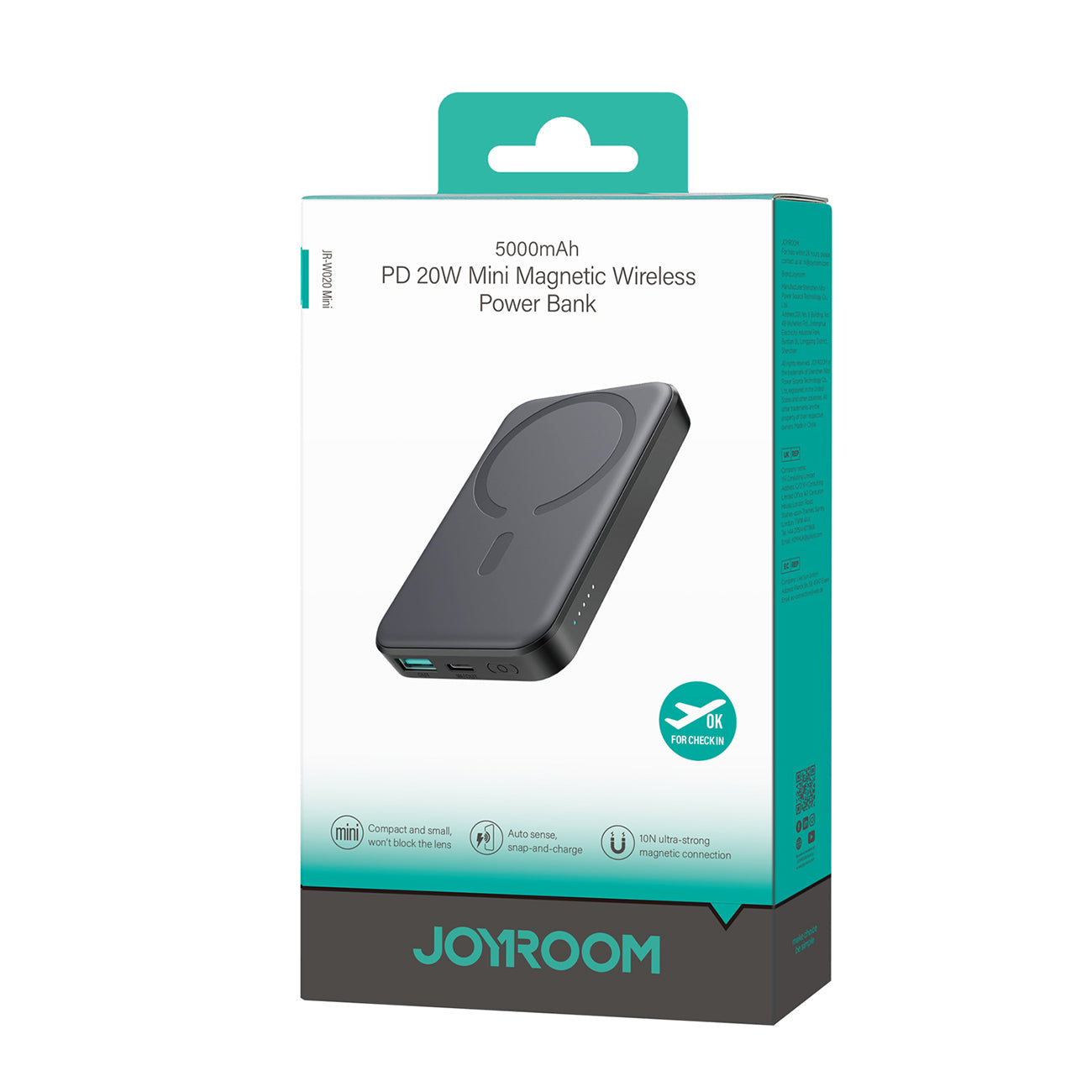 Joyroom Išorinė baterija JR-W020 Mini 5000mAh USB-A USB-C indukcinė 20W - juoda + USB-C / USB-C laidas