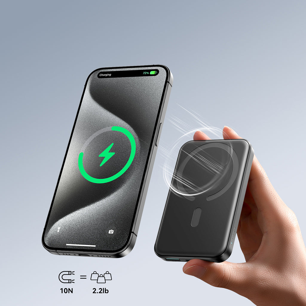 Joyroom Išorinė baterija JR-W020 Mini 5000mAh USB-A USB-C indukcinė 20W - juoda + USB-C / USB-C laidas