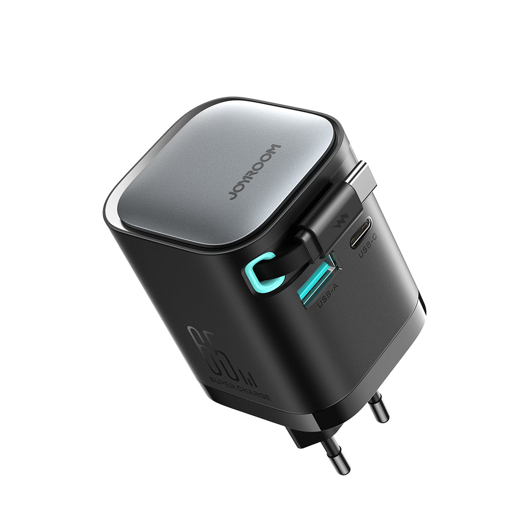 Joyroom JR-TCL02 65W USB-A USB-C GaN įkroviklis su integruotu USB-C laidu - juodas