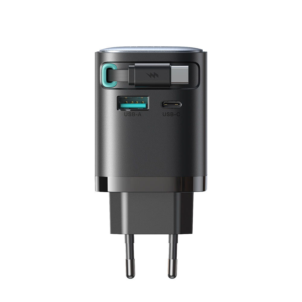 Joyroom JR-TCL02 65W USB-A USB-C GaN įkroviklis su integruotu USB-C laidu - juodas