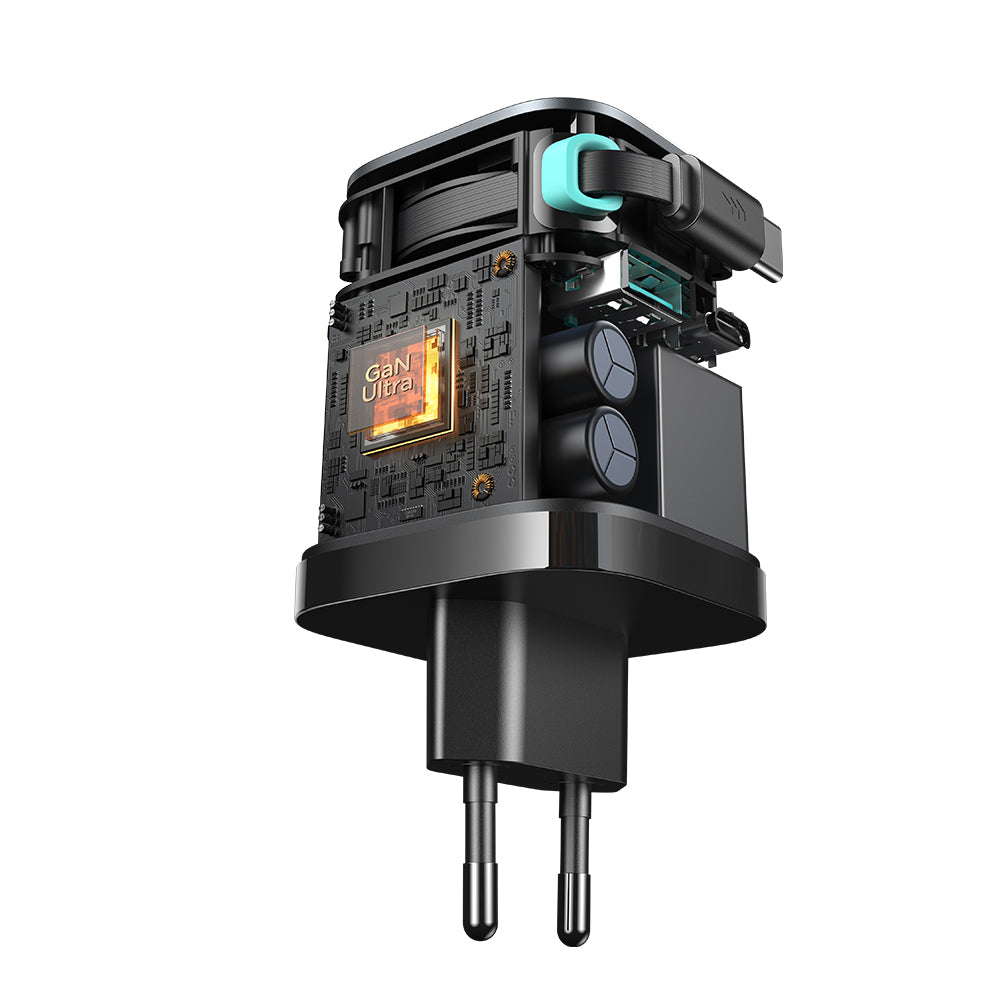Joyroom JR-TCL02 65W USB-A USB-C GaN įkroviklis su integruotu USB-C laidu - juodas