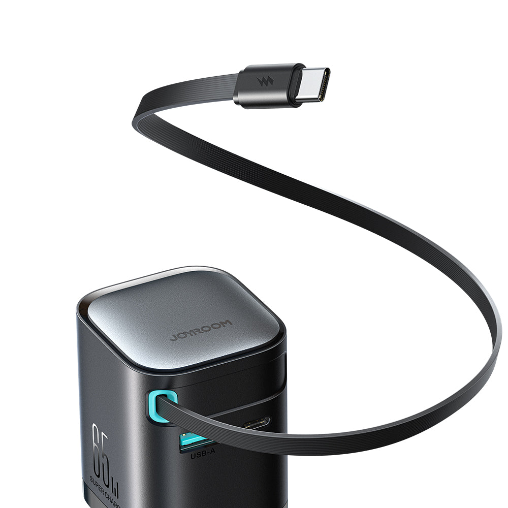 Joyroom JR-TCL02 65W USB-A USB-C GaN įkroviklis su integruotu USB-C laidu - juodas
