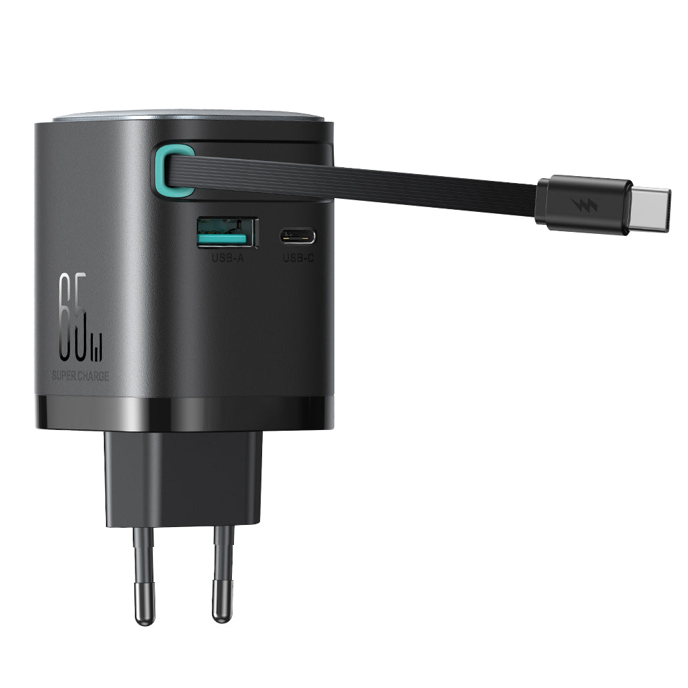 Joyroom JR-TCL02 65W USB-A USB-C GaN įkroviklis su integruotu USB-C laidu - juodas