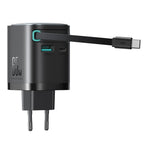 Joyroom JR-TCL02 65W USB-A USB-C GaN įkroviklis su integruotu USB-C laidu - juodas