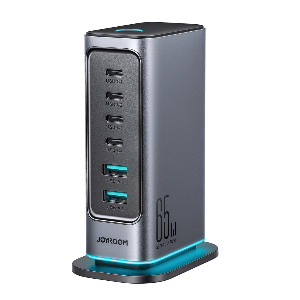 Joyroom JR-TCM02 Multiport GaN įkroviklis 65W EU 4x USB-C 2x USB-A - tamsiai pilkas