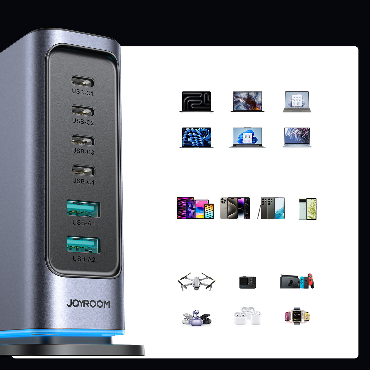 Joyroom JR-TCM02 Multiport GaN įkroviklis 65W EU 4x USB-C 2x USB-A - tamsiai pilkas