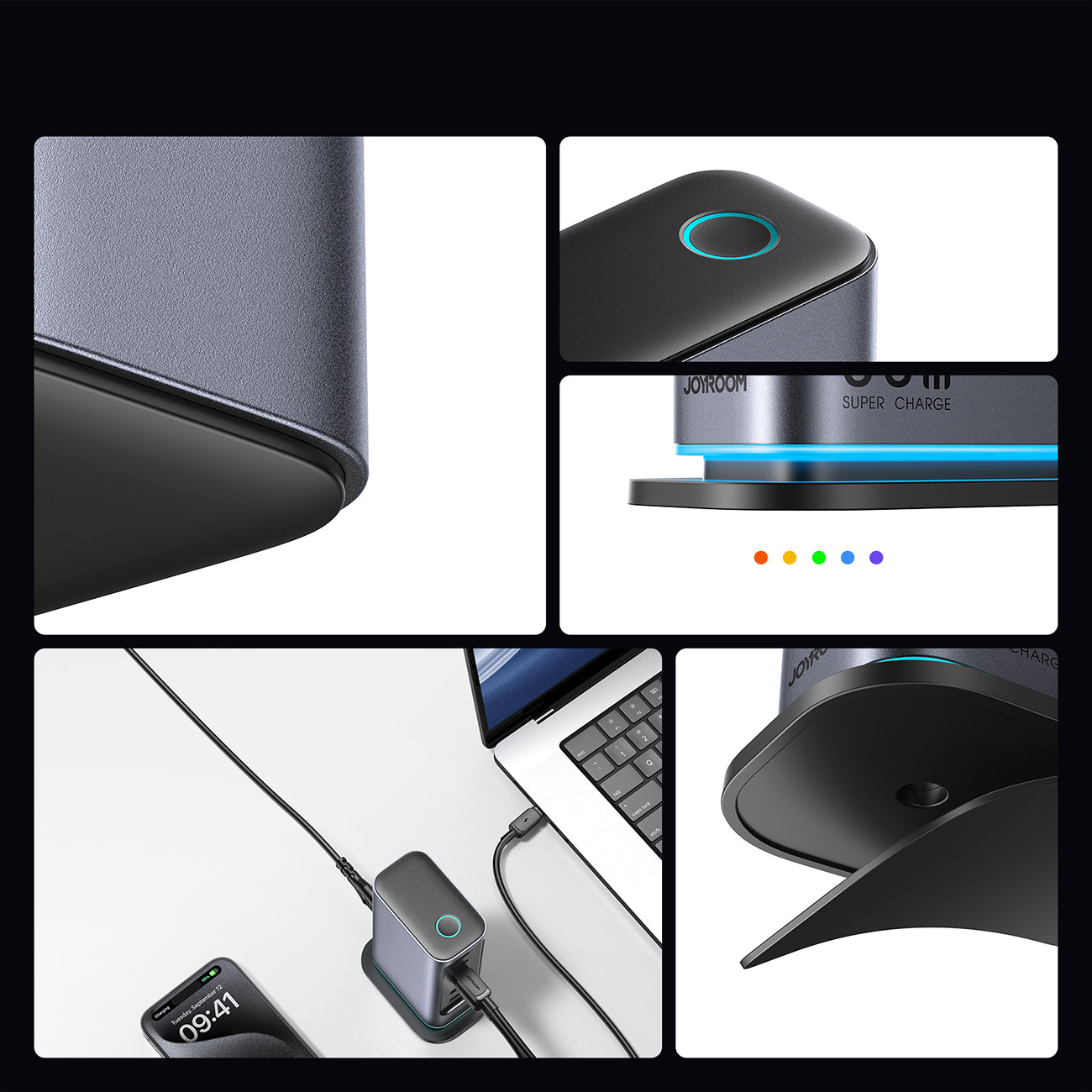 Joyroom JR-TCM02 Multiport GaN įkroviklis 65W EU 4x USB-C 2x USB-A - tamsiai pilkas