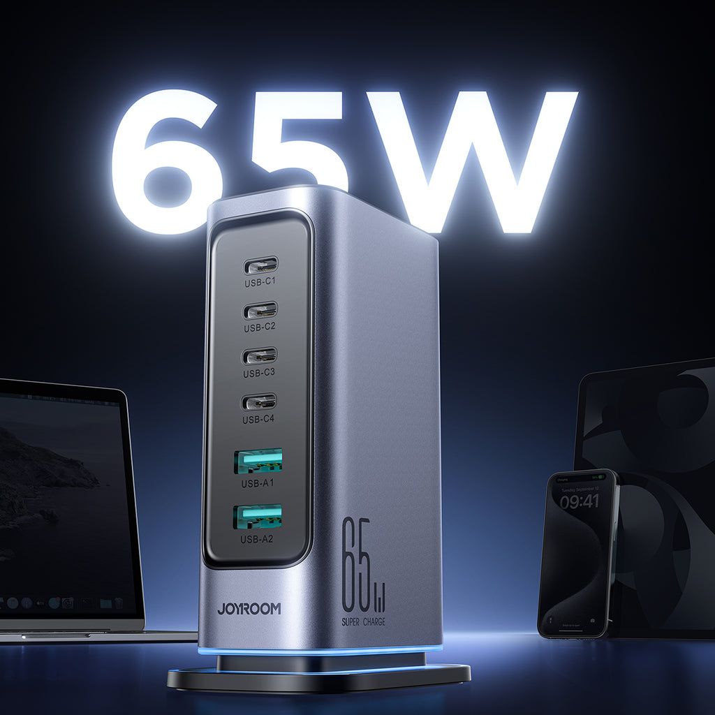 Joyroom JR-TCM02 Multiport GaN įkroviklis 65W EU 4x USB-C 2x USB-A - tamsiai pilkas