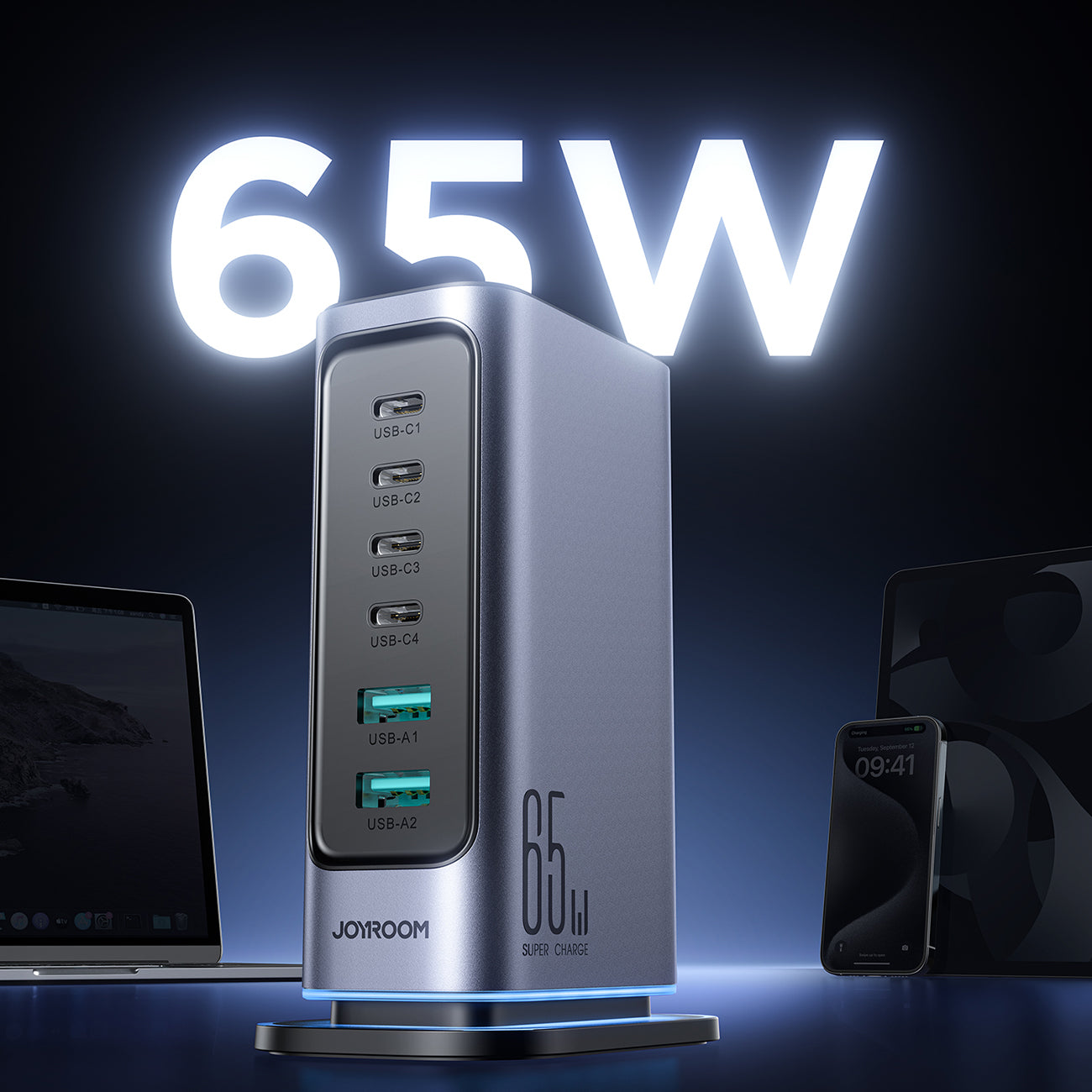 Joyroom JR-TCM02 Multiport GaN įkroviklis 65W EU 4x USB-C 2x USB-A - tamsiai pilkas