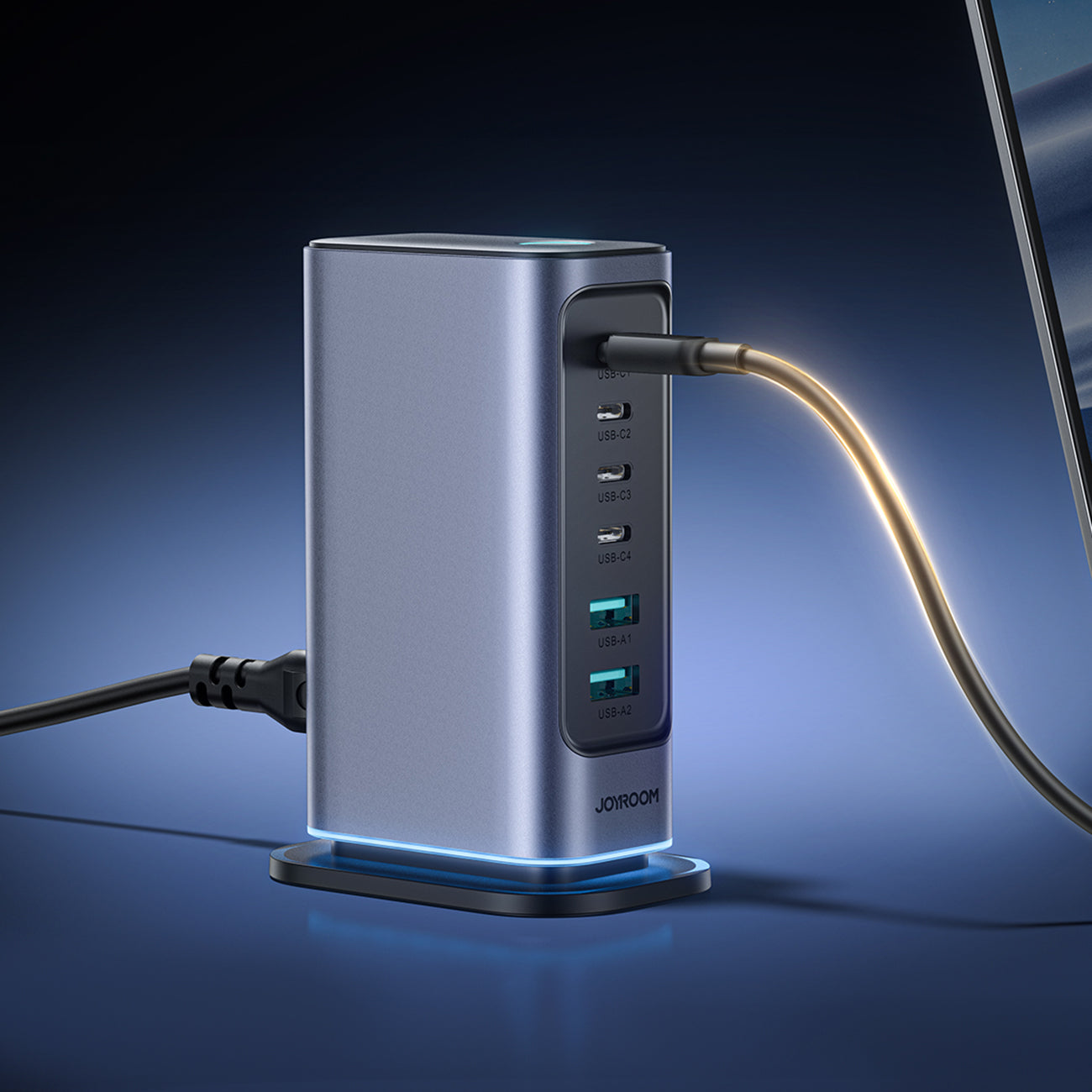 Joyroom JR-TCM02 Multiport GaN įkroviklis 65W EU 4x USB-C 2x USB-A - tamsiai pilkas