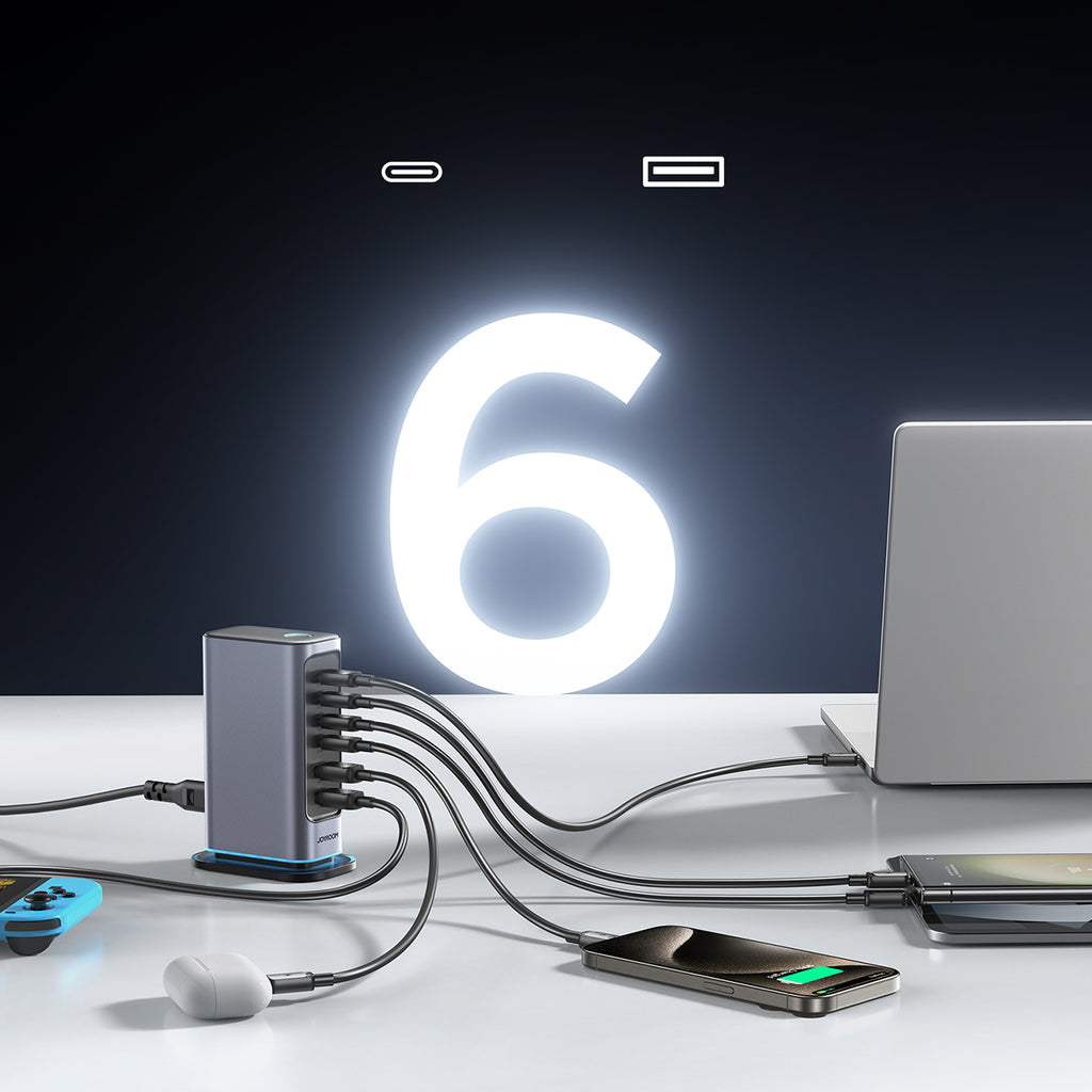 Joyroom JR-TCM02 Multiport GaN įkroviklis 65W EU 4x USB-C 2x USB-A - tamsiai pilkas