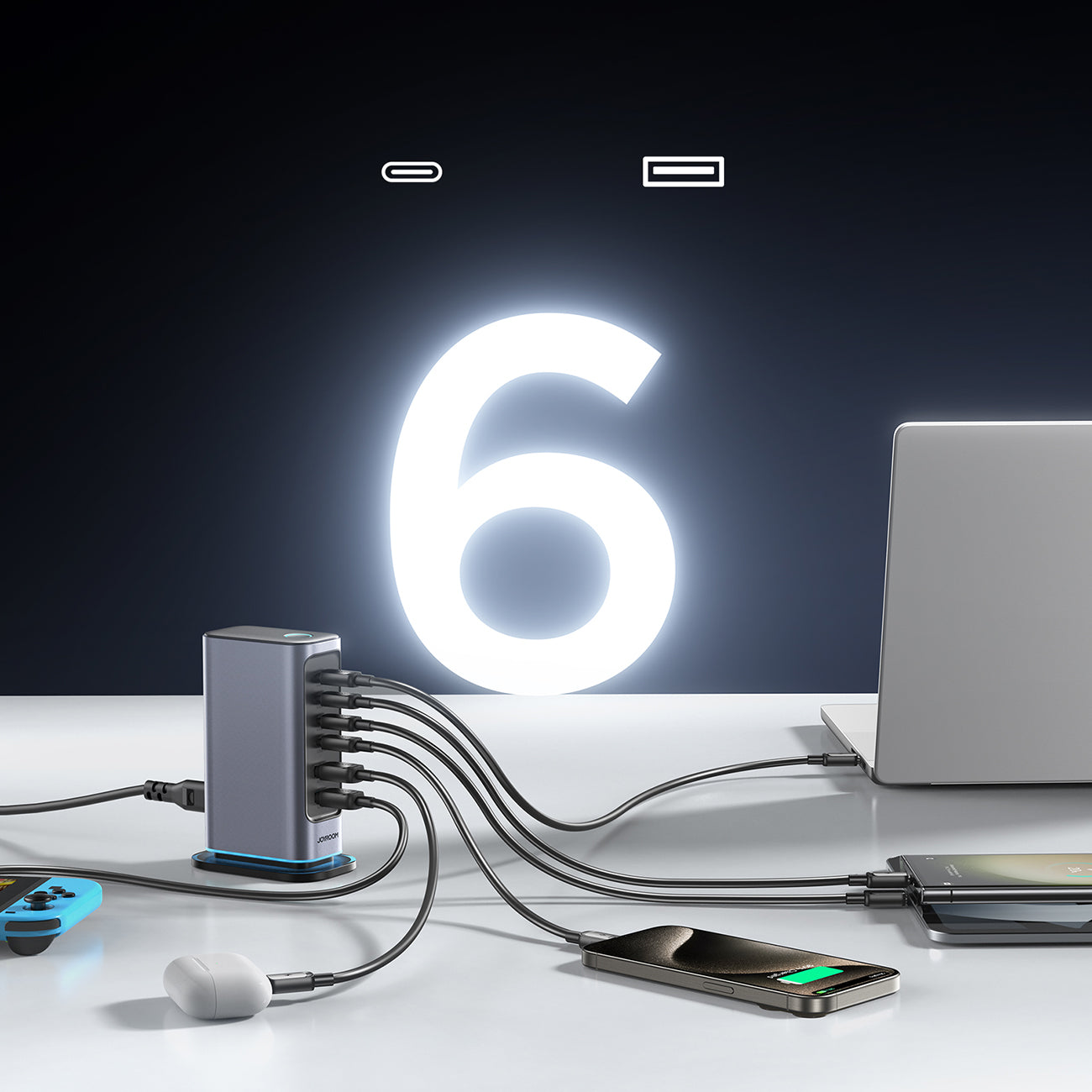 Joyroom JR-TCM02 Multiport GaN įkroviklis 65W EU 4x USB-C 2x USB-A - tamsiai pilkas