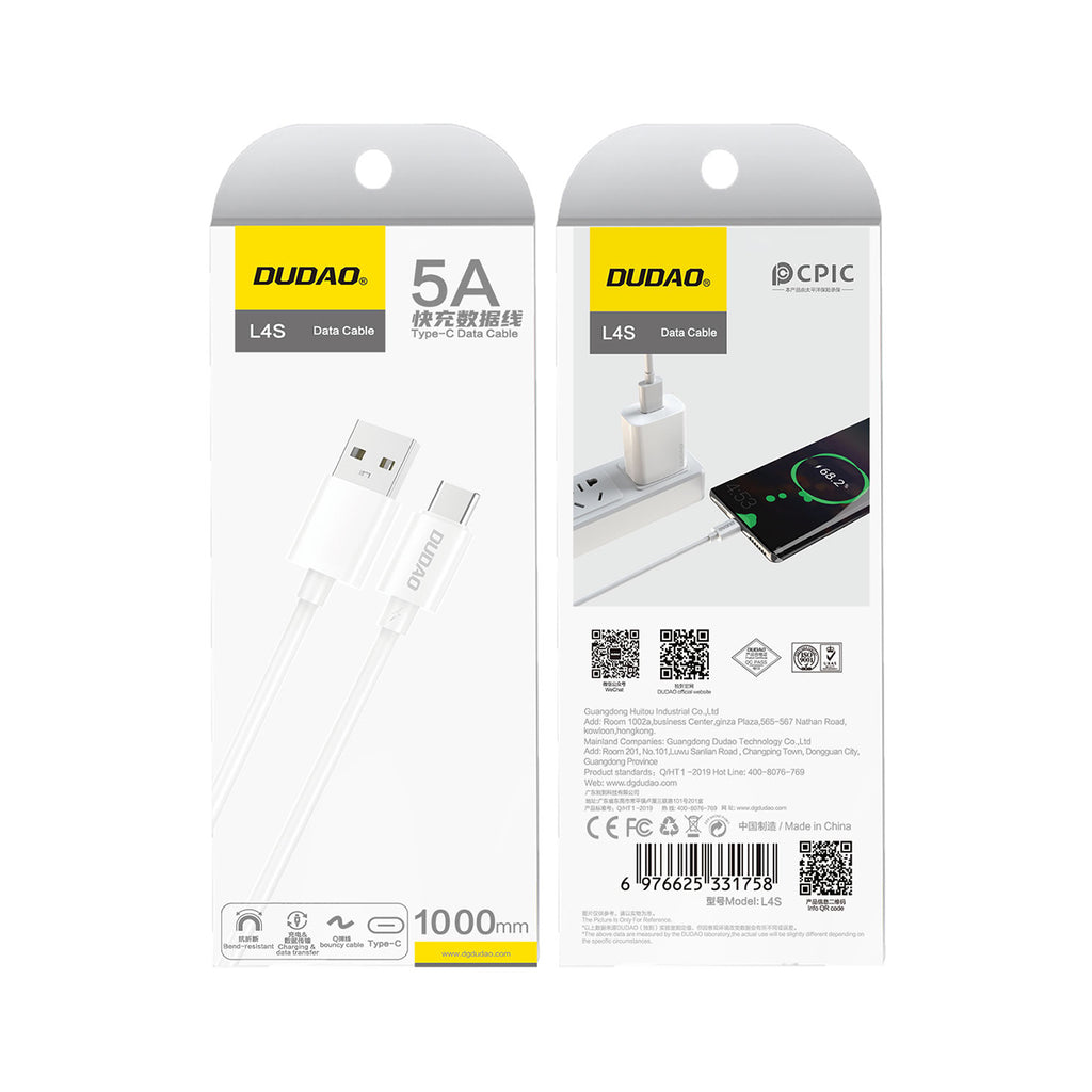 Dudao L4ST USB-A / USB-C laidas 2A 1m - baltas -- Cell phone cables