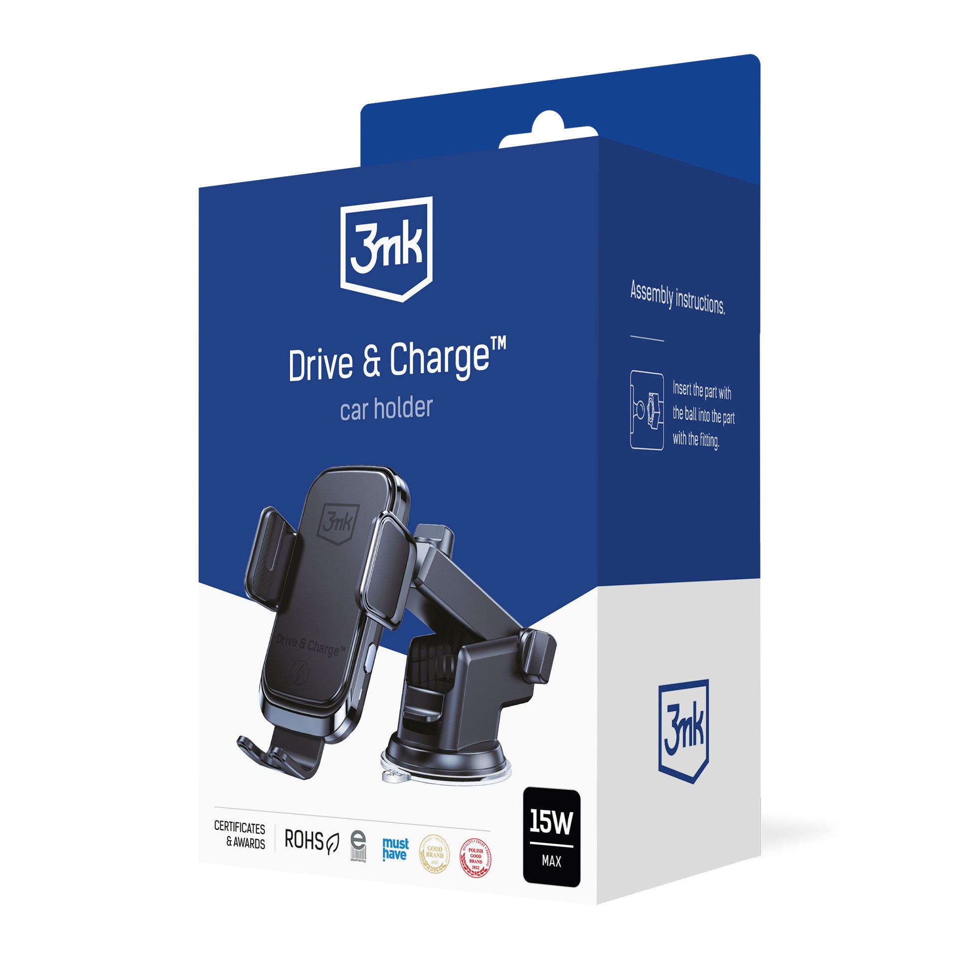 3mk Drive & Charge automobilinis telefono laikiklis prie grotelių/lango/kabinos su indukciniu įkrovikliu - juodas