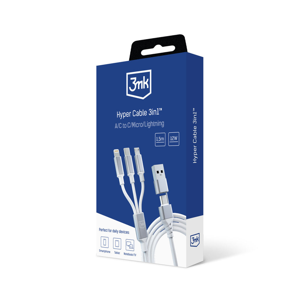 3mk Hyper Cable 3in1 USB-A – USB-C / USB-C – micro USB – Lightning 1,5m – balta