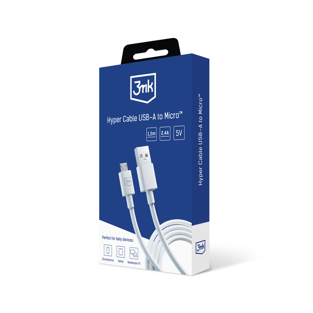 3mk Hyper Cable USB-A / micro USB 5V 2.4A 1.2m – baltas